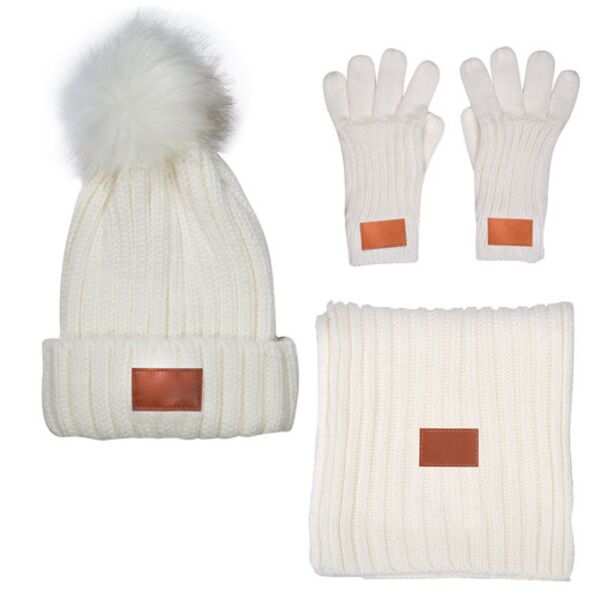 Three-Piece Rib Knit Fur Pom Winter Set Thumbnail